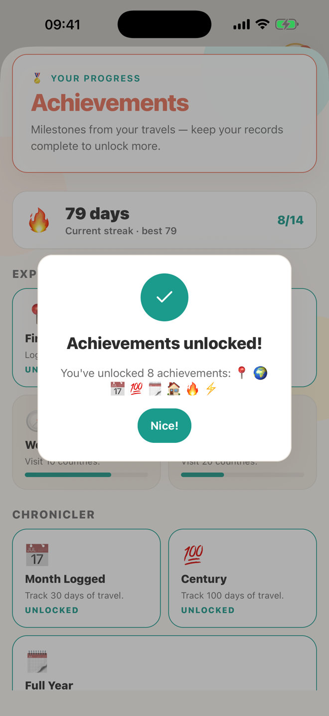 Nomad Pro achievements — a 79-day streak and an unlocked-achievements celebration