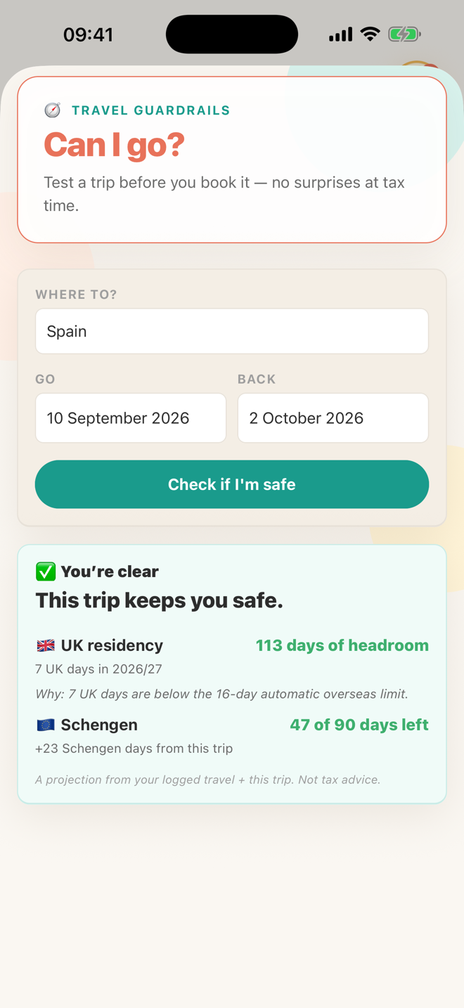 Nomad Pro Travel Guardrails — simulate a future trip and see instantly whether it keeps you safe