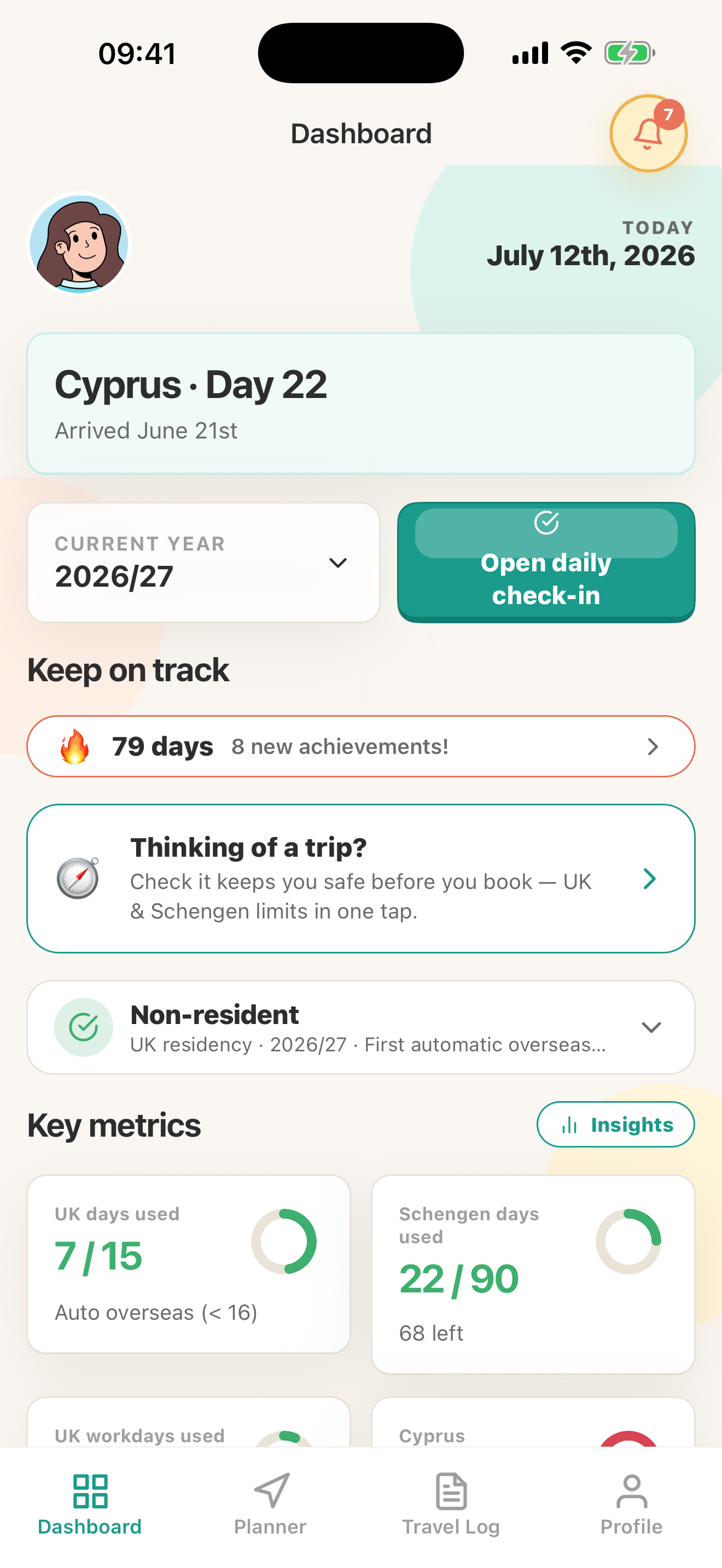 Nomad Pro dashboard: UK non-resident status, current stay, streak, and trip guardrails